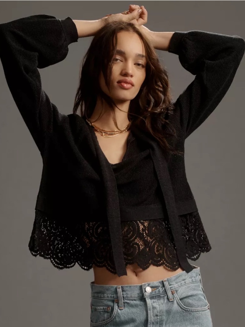 By Anthropologie Lace Tunic Sweater Sz S Black Relaxed Fit Oversized